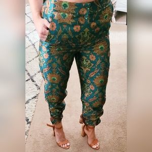 Maeve Anthropologie Emerald Brocade crop pants